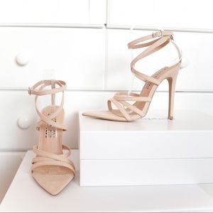 Nude strappy pointed open toe heels